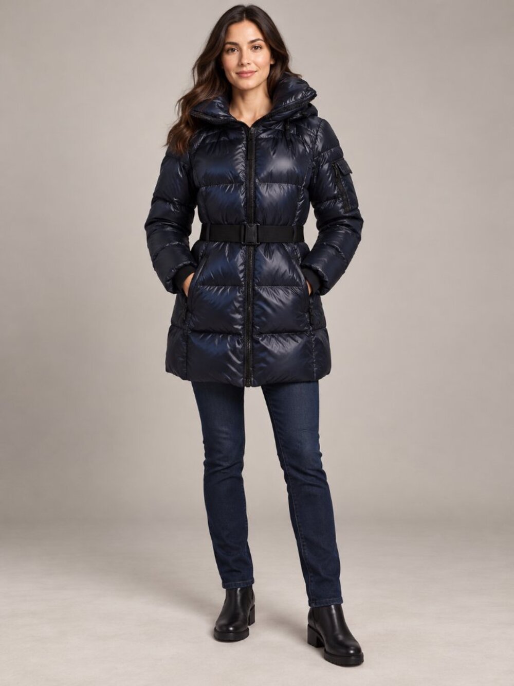 S13 NYC women's glossy hooded down puffer coat belted size M